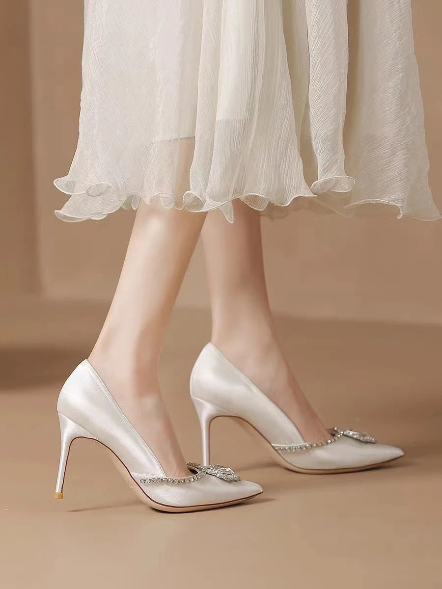 Rhinestone Pointed Toe Satin Wedding Pumps for Women