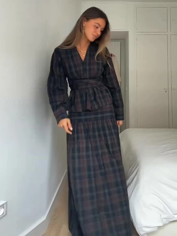Vintage Plaid Women's Skirt Set V-neck Puff Sleeve Waist Belt Cinched Floor-length Skirt Suit Woman 2026 Spring Evening Outfits