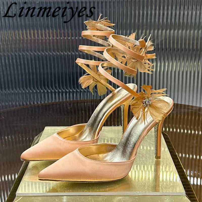 Rhinestone Feather Flower Embellished Ankle Strap High Heel Sandals for Women
