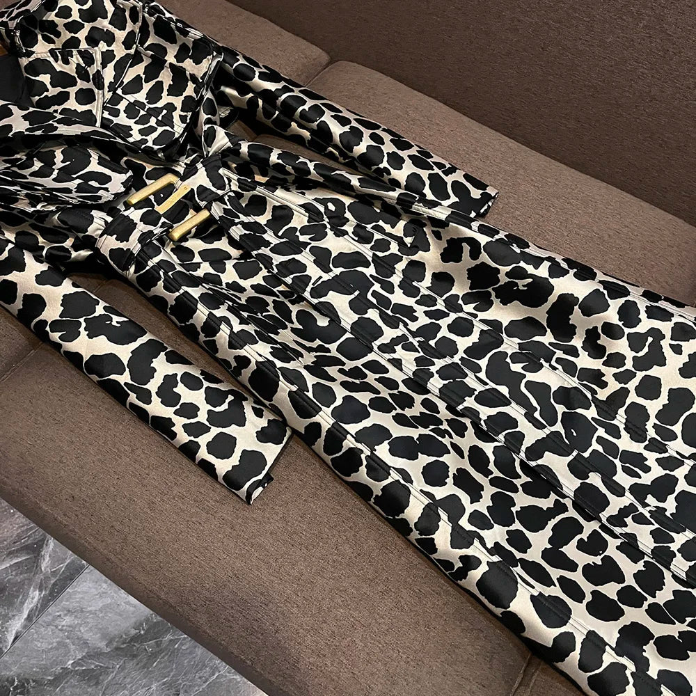 TWOTWINSTYLE British Style Leopard Print Coat For Women Lapel Long Sleeve Spliced Belt Temperament Trench Coats Female KJA545065