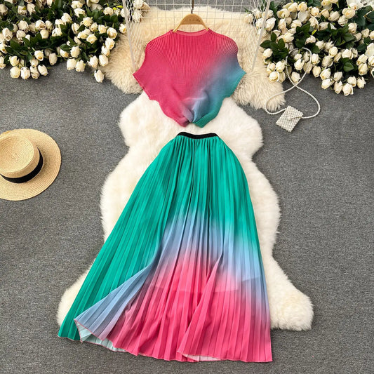 Summer Contrast Color Miyake 2 Pieces Set Women's Short Sleeve High Stretch Pullover Shirt Top＋Long Pleated Chiffon Skirt Suit