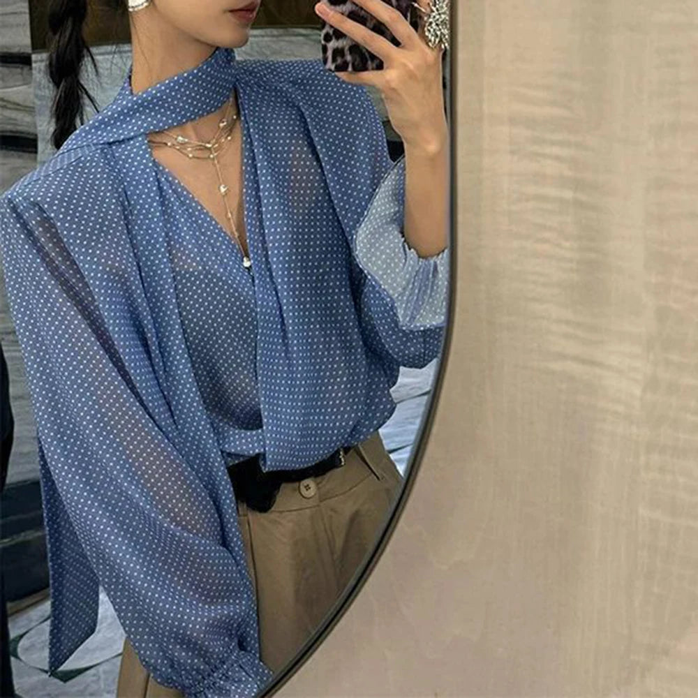 Long Sleeve Blue Polka Dot V Neck Chiffon Sun Protection Shirt for Women