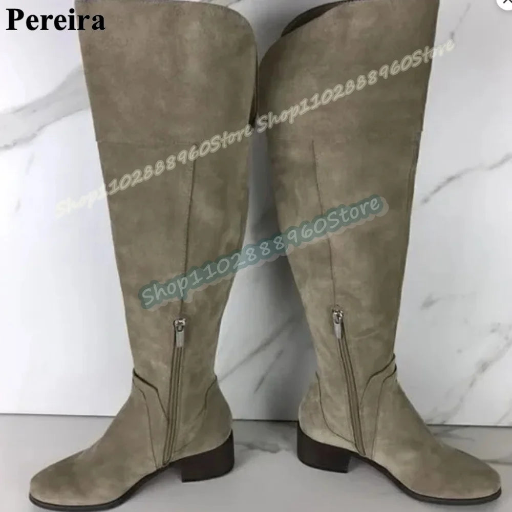 Big Size Knee High Gray Flock Casual Boots Flats Shoes For Women Side Zipper Round Toe Trending Runway 2026 Zapatos Para Mujer