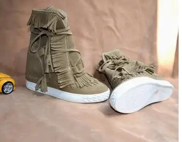 Girls Beige Black Gray Pink Suede Genuine Leather Round Toe Tassel Fringed 8 CM Height Increasing Wedges Sneakers Ankle Boots