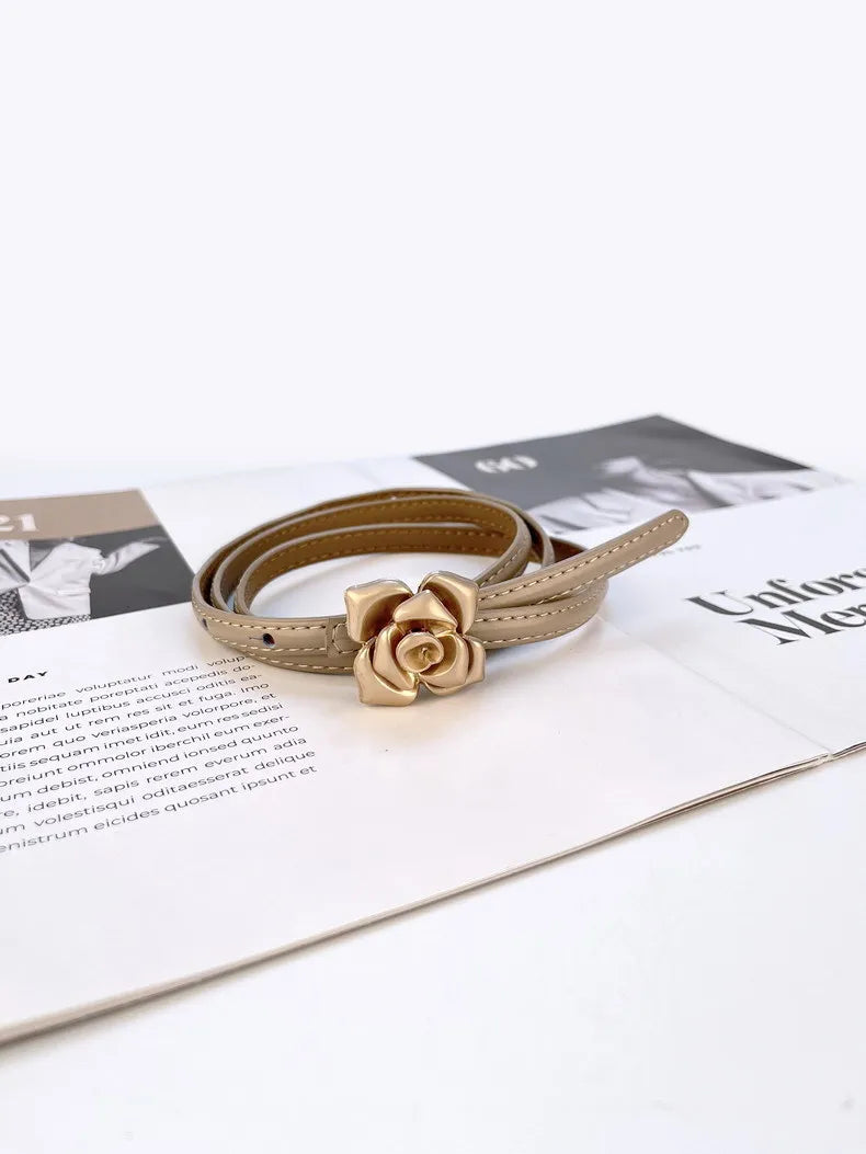 Double Sided Metal Flower Buckle Thin Belt for Women