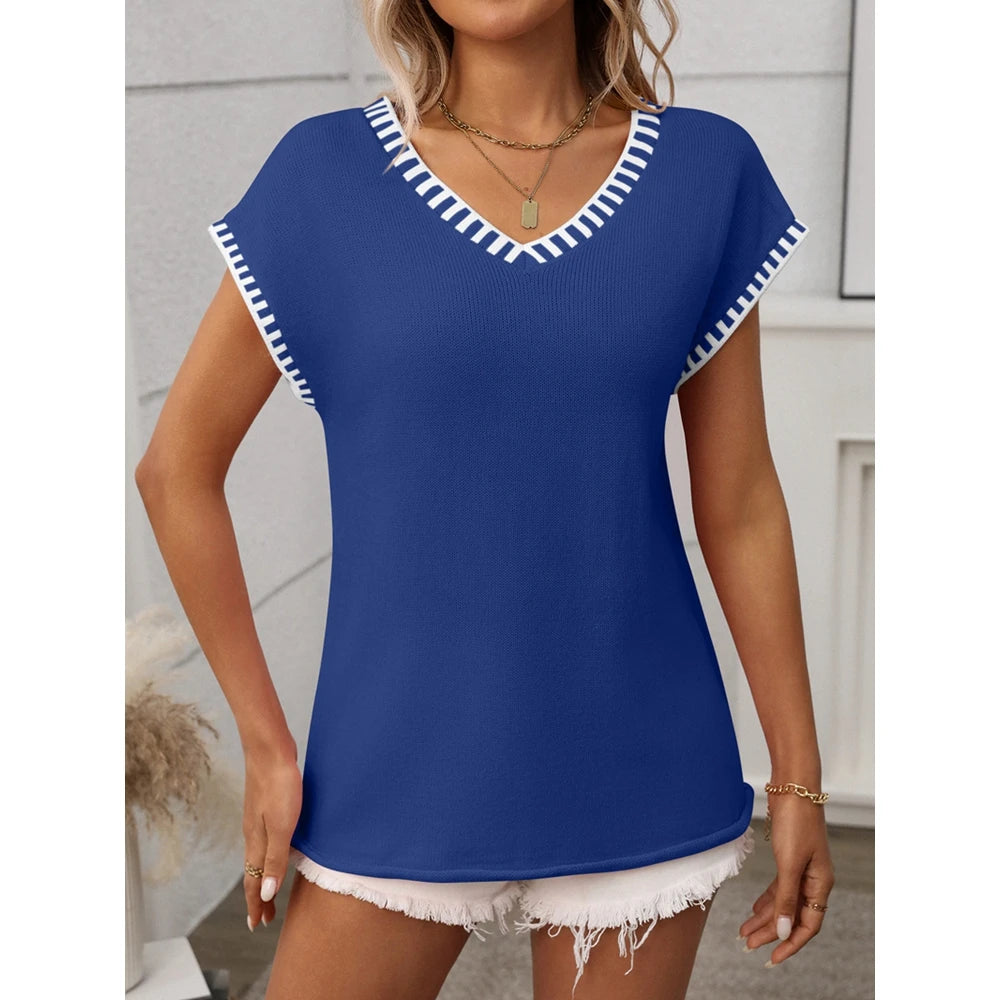 2025 Summer Women's Striped Ribbed Knitted V Neck Short Sleeve T-Shirts Femme Fashion Colorblock Casual Tops Streetwear
