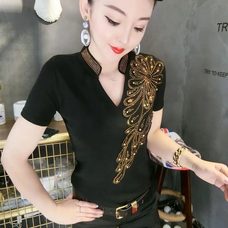 Sequin Women Tops Sleeve Polo Shirt Rhinestone Pulovers Vintage Glitter Luxury Women's Blouses Promotion Free Delivery Neck Cute