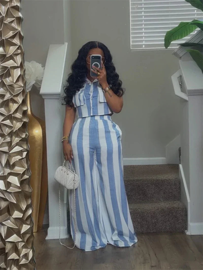 Striped Two Piece Shirt And Wide Leg Pants Set for Women