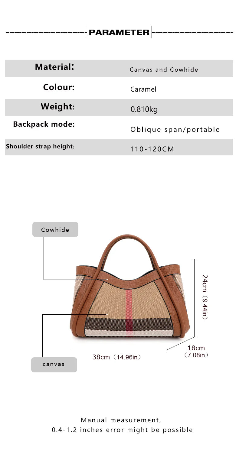 Retro Checkered Large Capacity Canvas And Leather Handbag for Women