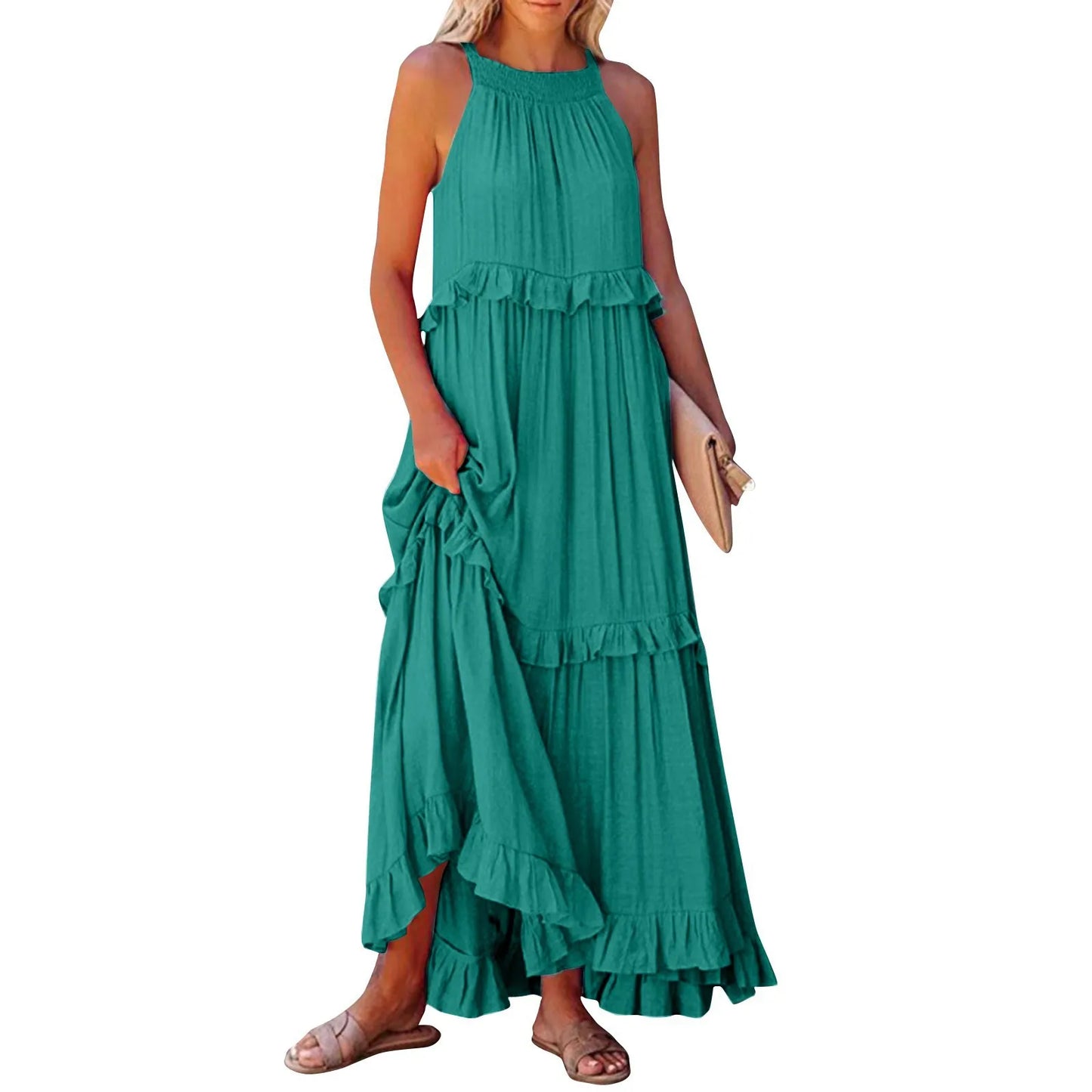Solid Ruffled Sleeveless Maxi Sundress for Women