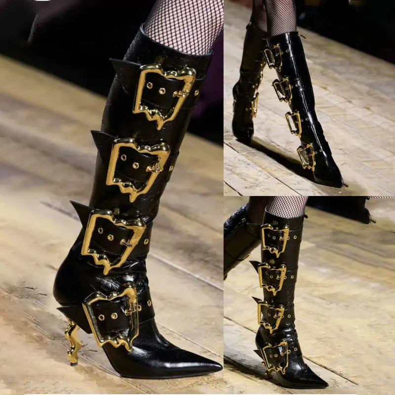Shiny Metal Belt Buckle Side Zip Knee-High Boots for Women