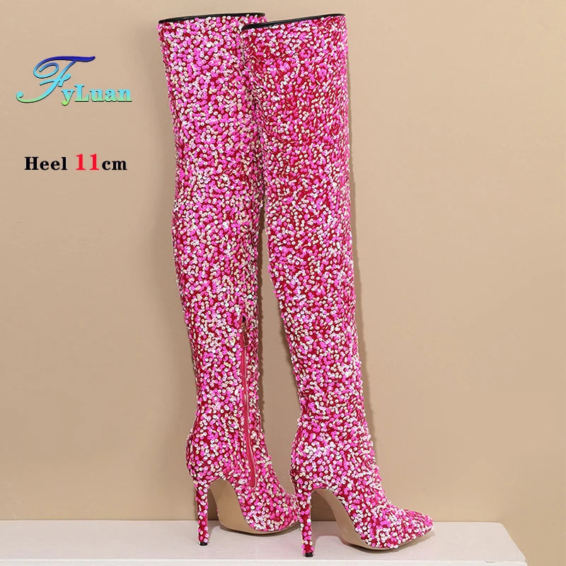 Sequin Pointed Toe Over The Knee Stiletto Boots For Women With Rear Zipper