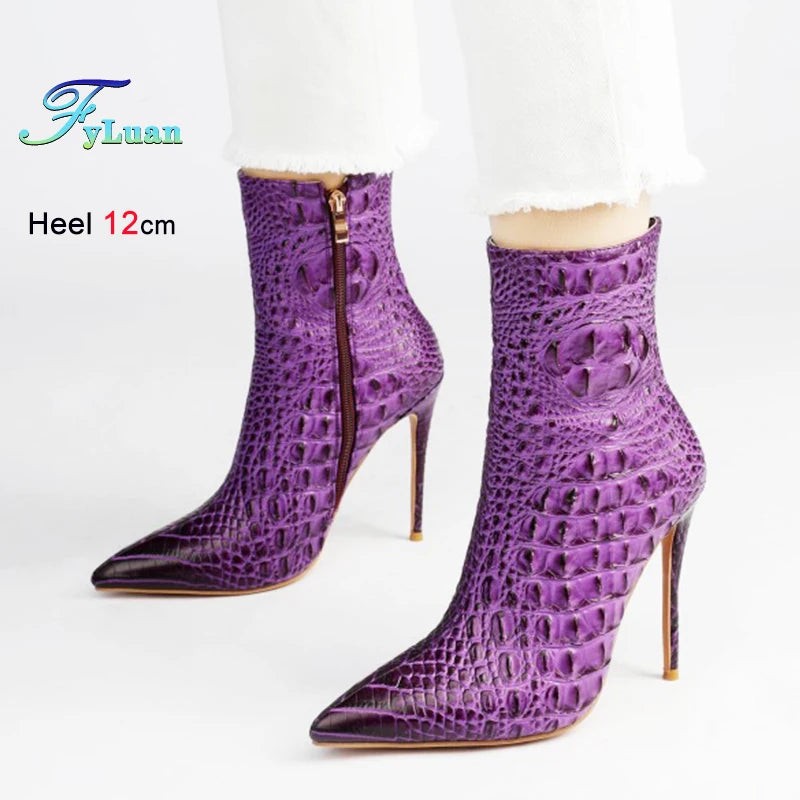 Purple Crocodile Stiletto Ankle Boots