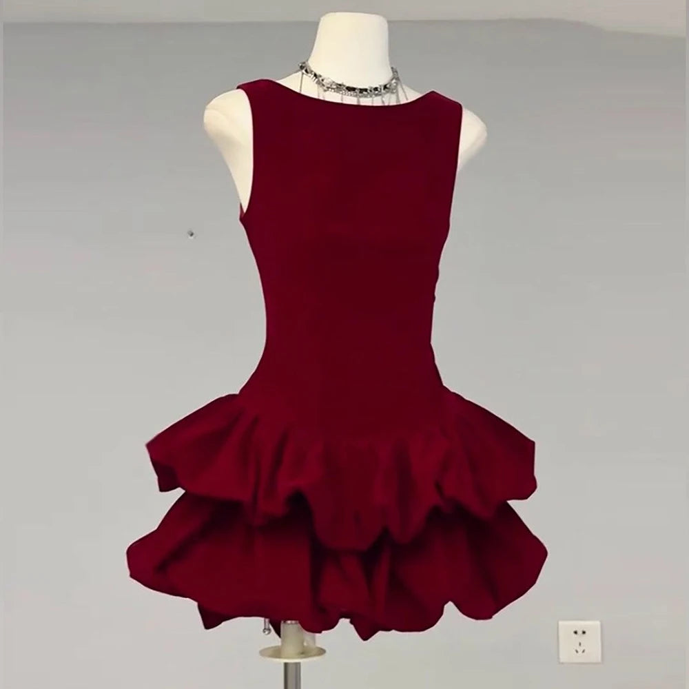 Elegant Red Velvet Sleeveless Evening Dress for Women