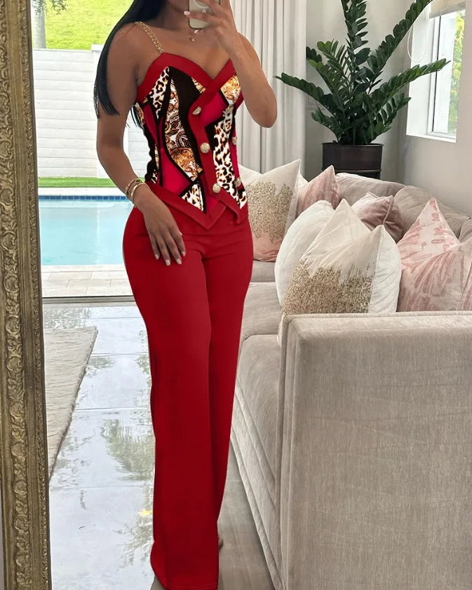 V-Neck Metal Suspender Top Two-Piece Set for Women