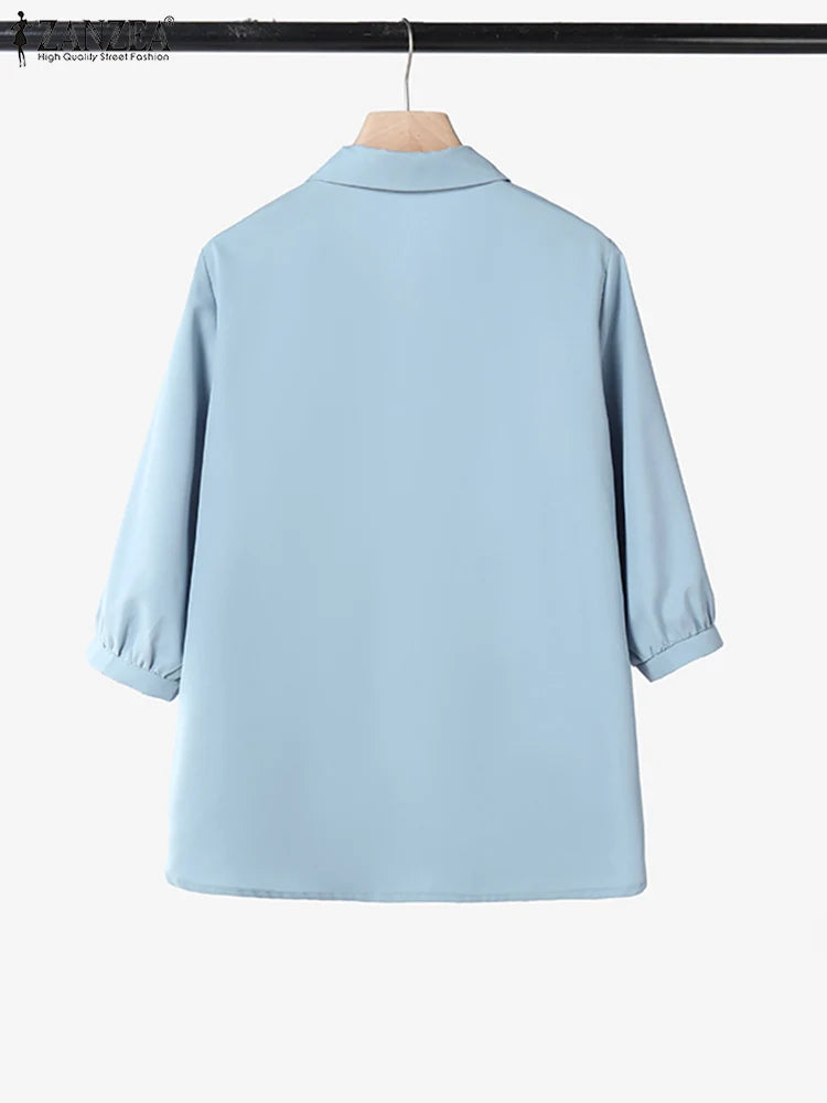 ZANZEA Women Vintage Pintuck Shirts Casual Turn-Down Collar Half Puff Sleeve Button Up Chemises Femme Street Fashion Solid Tops
