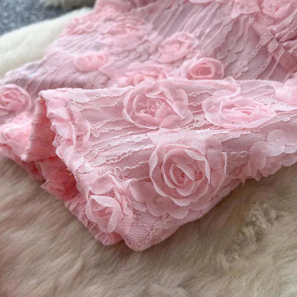 3D Floral Lace Camisole and Pleated Skirt Set for Women