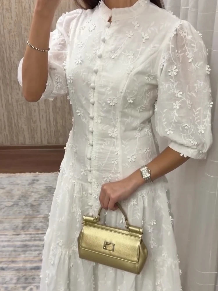 Floral Puff Sleeve Empire Waist Long Dress for Women