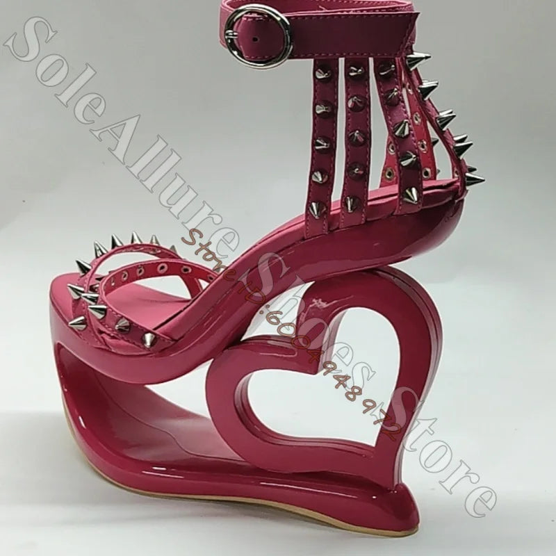 Glossy Patent Leather Spiked Heart Cage Wedge Sandals For Women