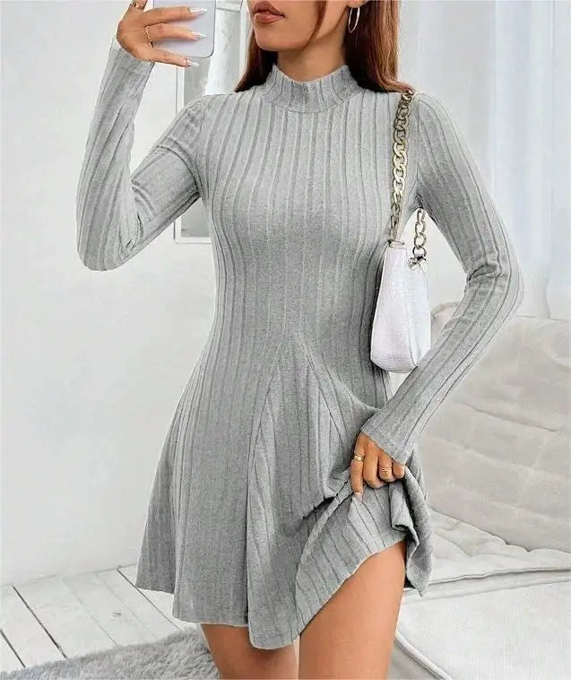 2026 New European and American Women's Slim Fit Half-Turtleneck Waist-Cinch A-Line Ribbed Long-Sleeve Dress
