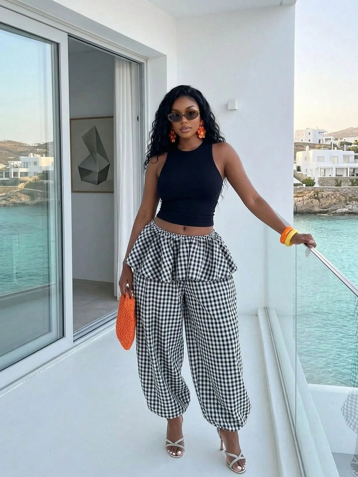 Sleeveless Top and Plaid Ruffle Pants Two Piece Set for Women
