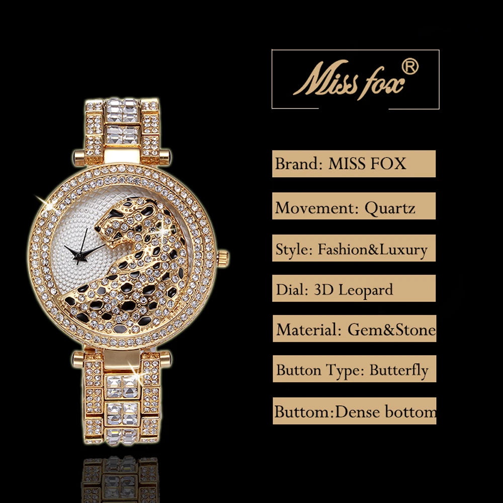 MISSFOX Women Quartz Watch Fashion Bling Casual Ladies Watches Female Quartz Gold Watch Crystal Diamond Leopard For Women Clock