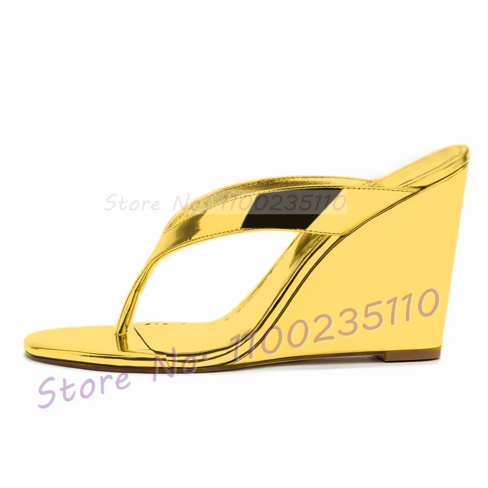 Glossy Patent Leather Thong Mules With Wedge Heel For Women