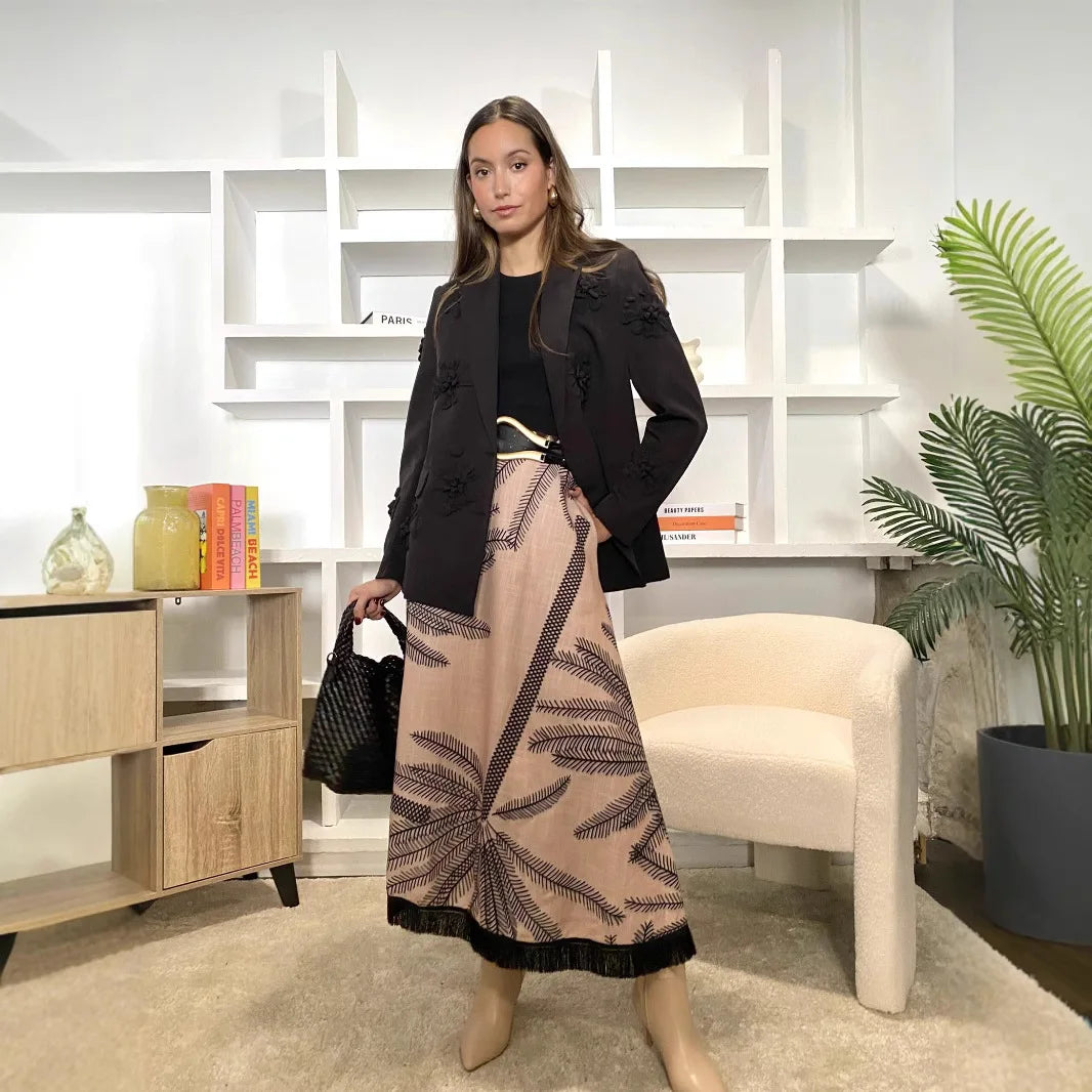 Vintage Plant Printed Hem Tassel Skirts For Women 2025 Spring Autumn New A-line Holiday Party Skirt Fashion All-match Vestidos
