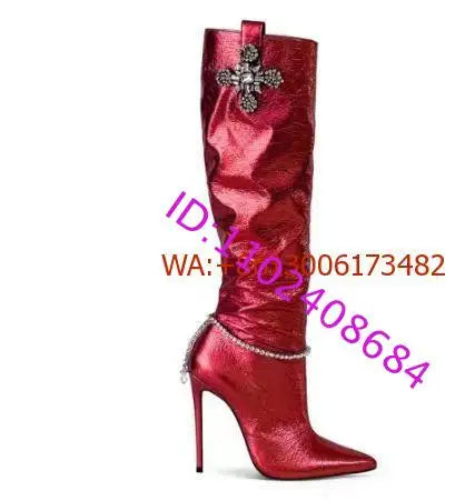Bright Shining Women Deign Pointed Toe High Heel Knee Boots Crystal Beading High Heel Women Pointy Knee High Boots Plus Size