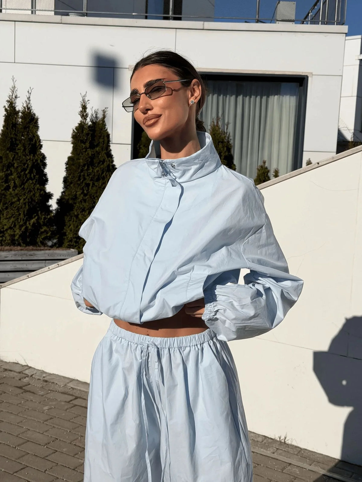Lace Up Stand Collar Wide Leg Two Piece Set for Women