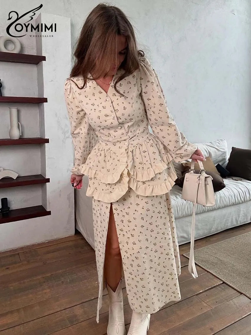 Oymimi Casual Apricot Print 2 Pieces Set For Woman Elegant Long Sleeve Button Ruffled Shirts And High Waist Side Slit Skirts Set