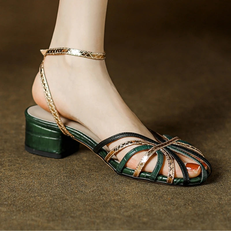 Leather Gladiator Sandals Block Heel