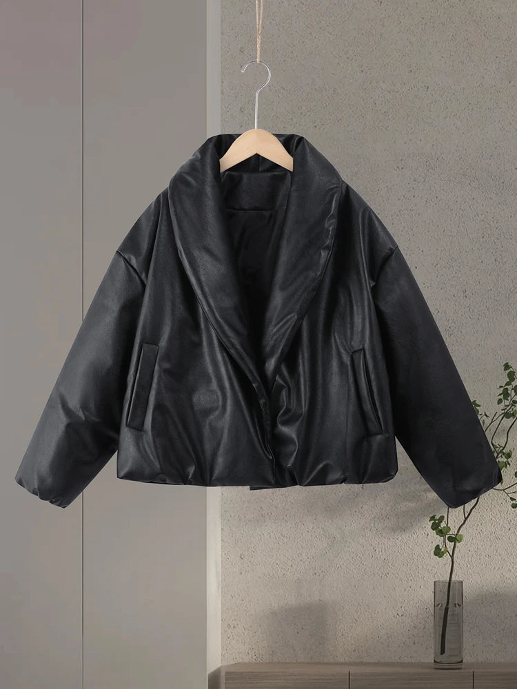 PU Leather Women's Cotton Coat Vintage Laple Full Sleeve Thicken Pockets Female Parka Jackets 2025 Autumn Winter Lady Streetwear