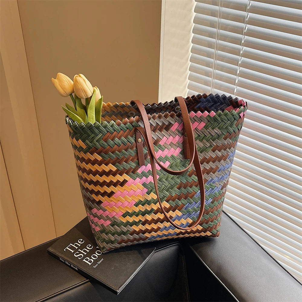 Colorful Braided PVC Tote Bag for Women With Large Capacity