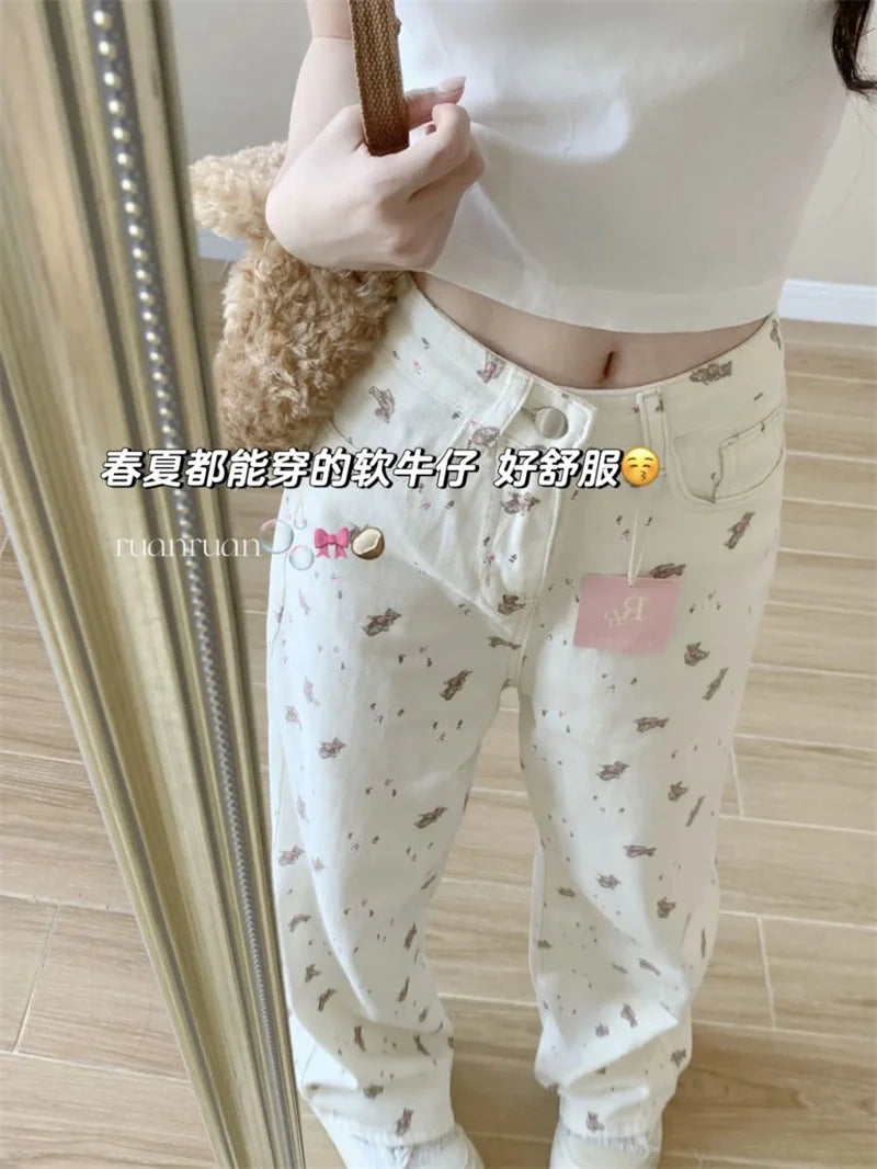 High Rise Wide Leg Printed Denim Pants For Women