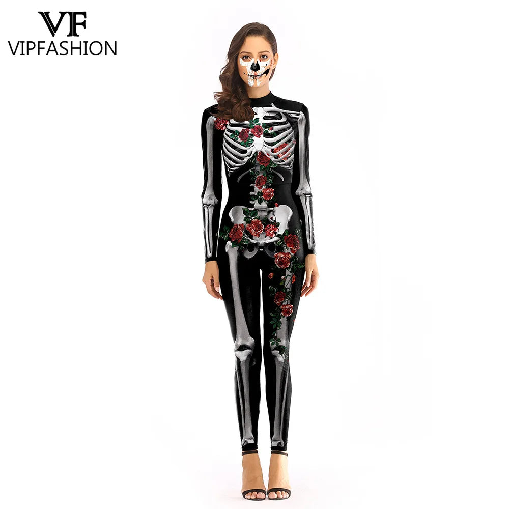 Cosplay Rose Skeleton Print Halloween Jumpsuit for Women