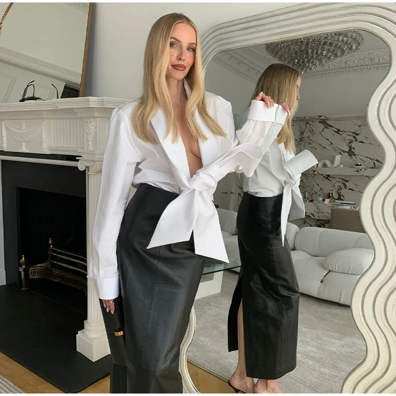 Elegant Bow Detail Pleated Long Sleeve V Neck Blouse for Women