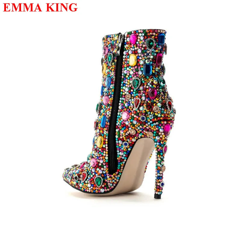Multicolor Rhinestone Stiletto Ankle Boots For Women