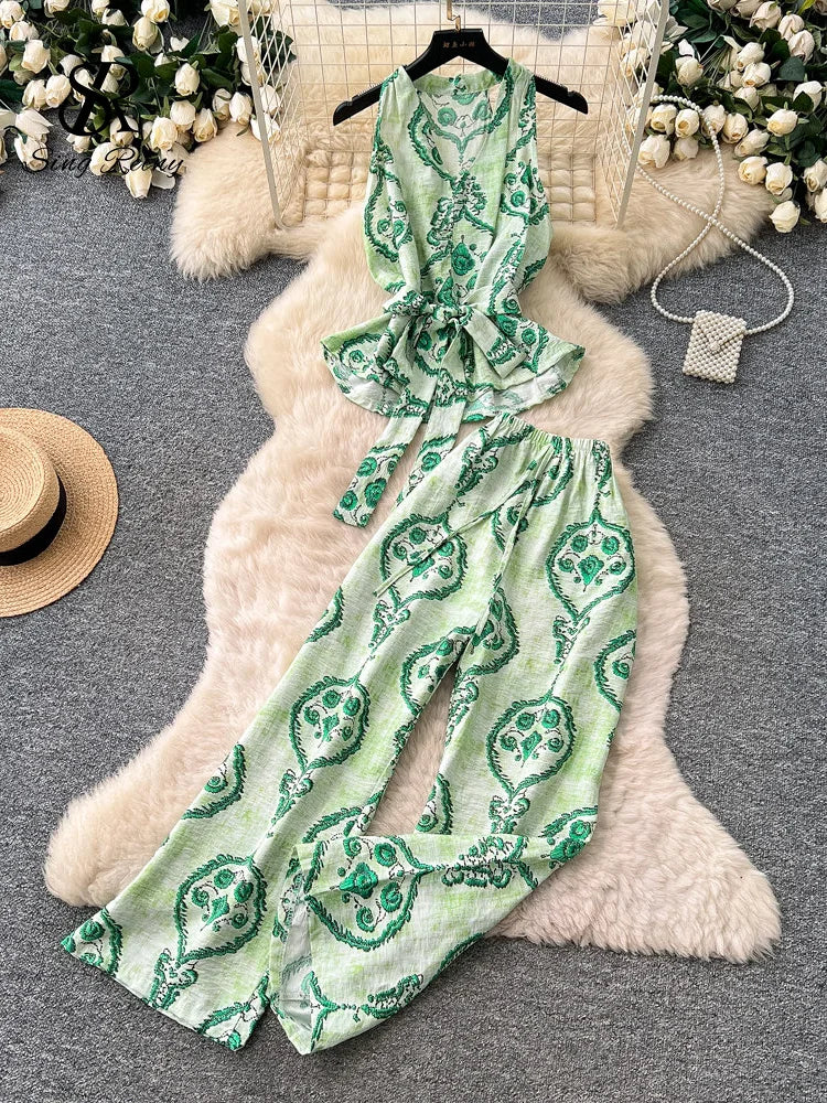 Boho Print Lace-Up Tank Top and Wide-Leg Pants Set for Women