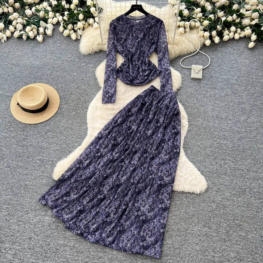 Printed Skirt Set With Long Sleeve Top