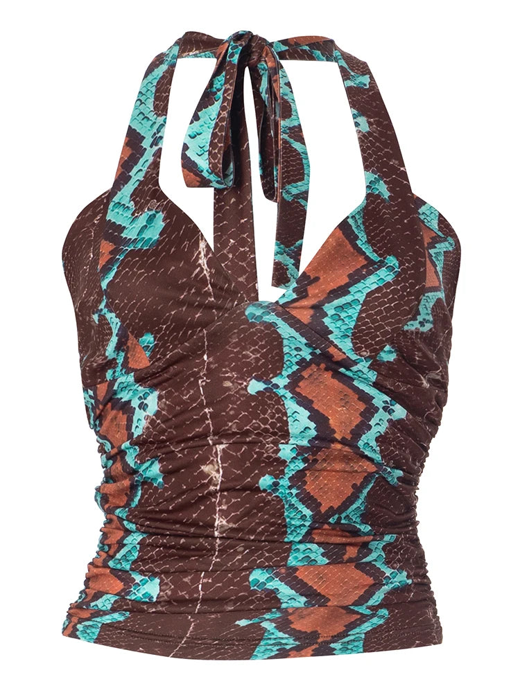 Panelled Y2K Snake Print Halter Backless Tank Top for Women