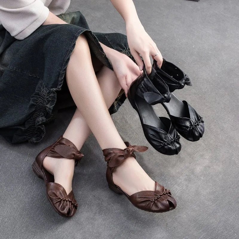 Genuine Leather Breathable Low Heel Peep Toe Sandals for Women