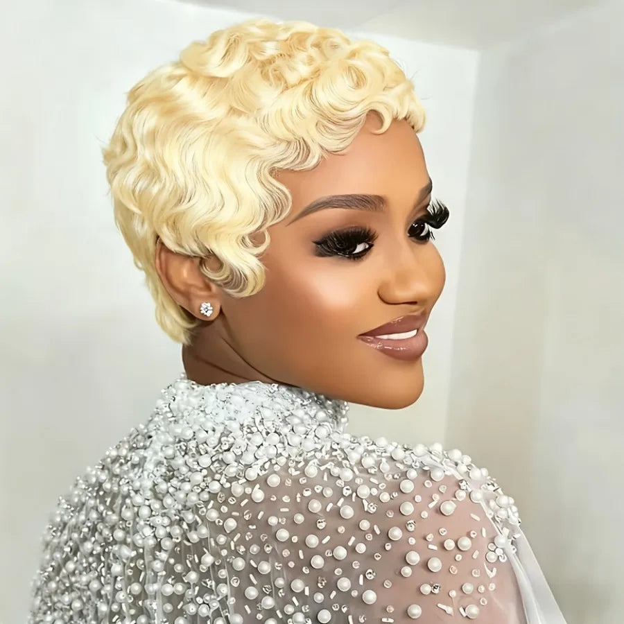 Natural Blonde Short Wavy Pixie Cut Human Hair Wig For Women