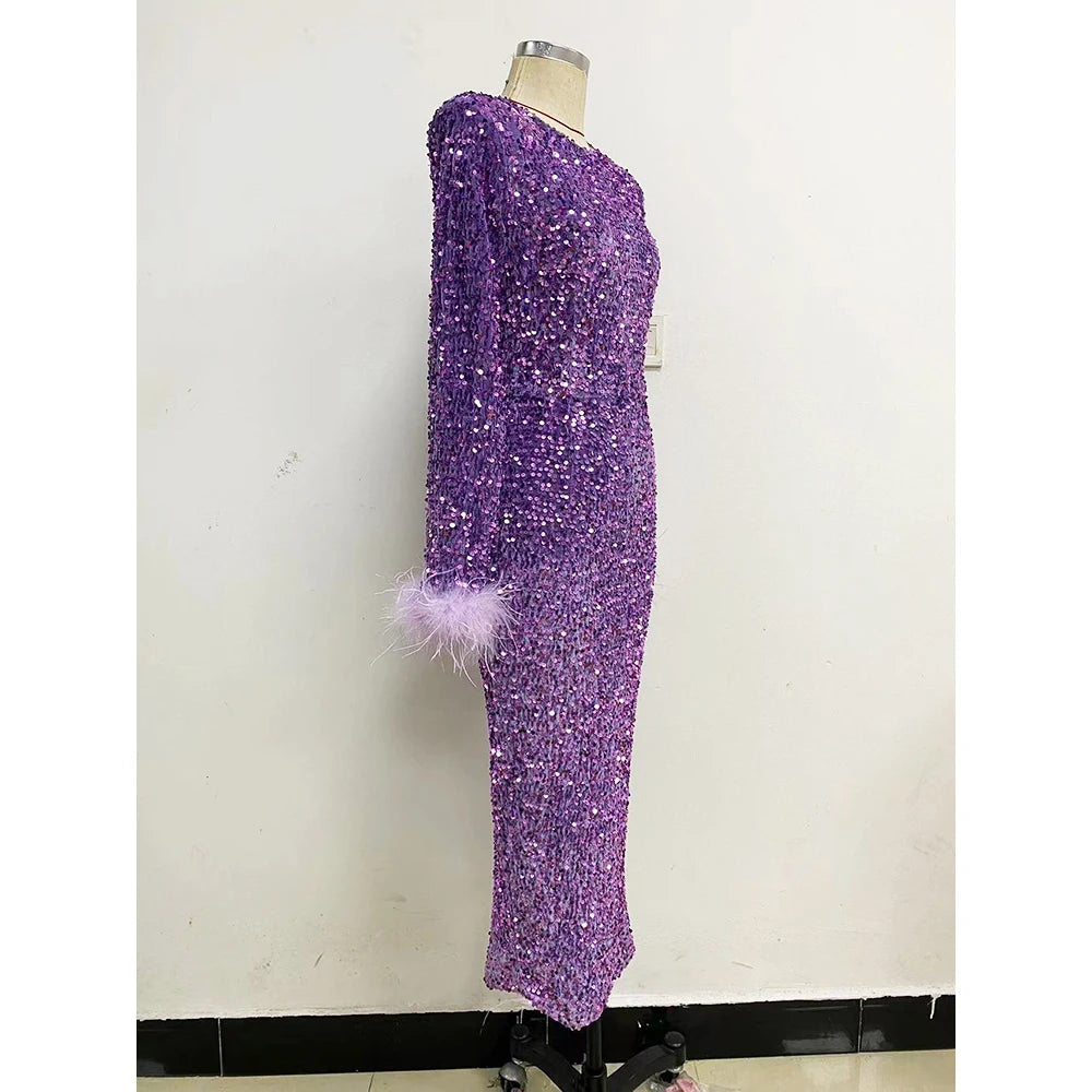 Women's Dress Elegant Celebrity Party Sequin Cuff Feather Retro Slim Long-Sleeve Long Dress Fashion Evening Party Dress