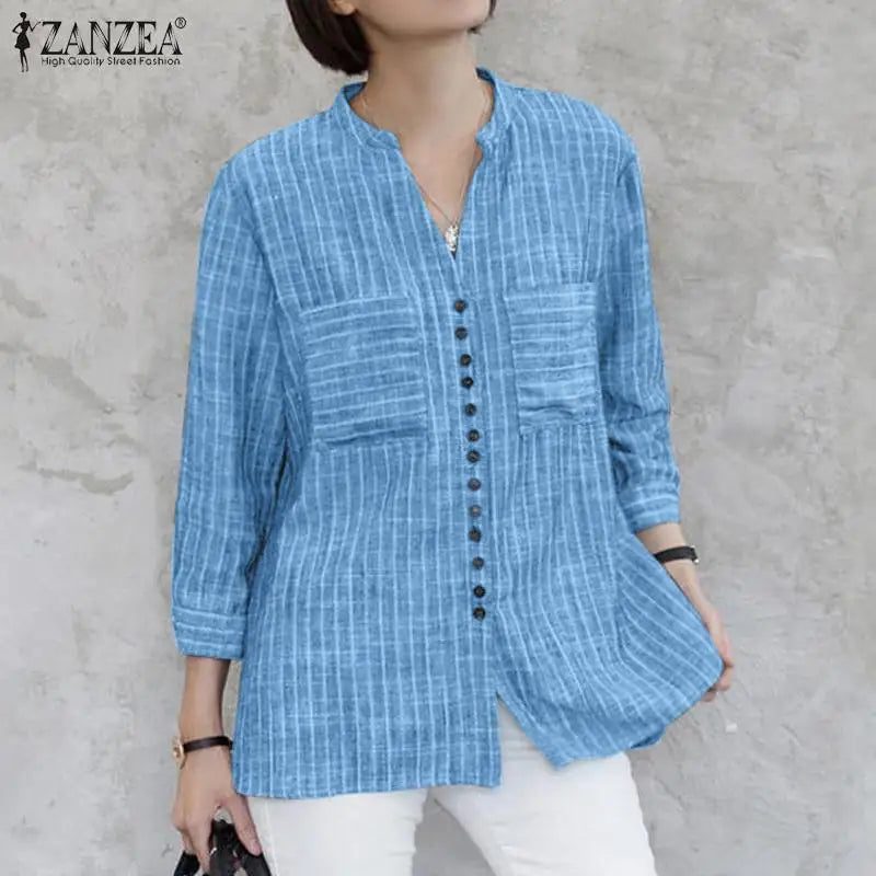 ZANZEA Fashion Stripe Printed Shirt Summer  3/4 Sleeve V-Neck Blouse Female Casual Blusas Mujer Woman Elegant Loose Korean Tops