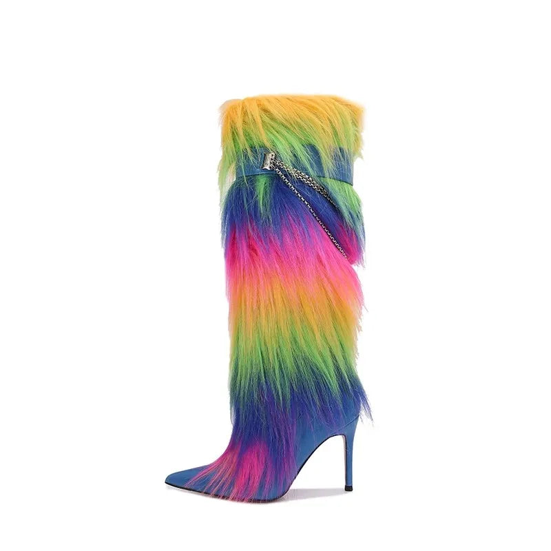 Elegant Faux Fur Knee High Stiletto Boots for Women