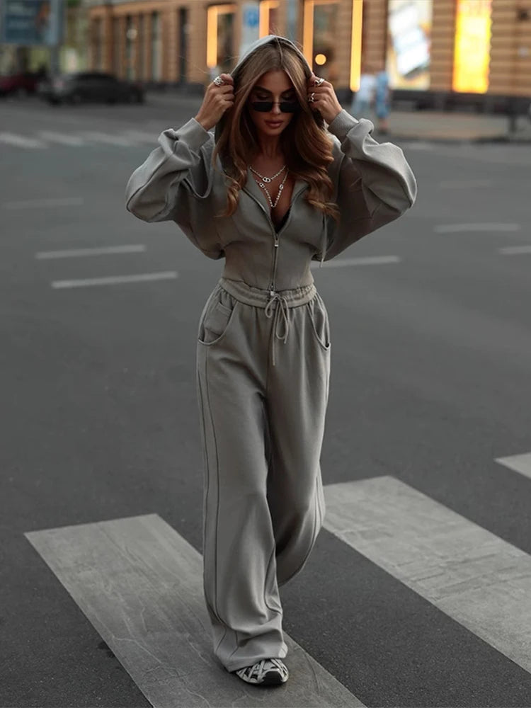Zip Up Corset Hoodie And Wide Leg Sweatpants Two Piece Set For Women