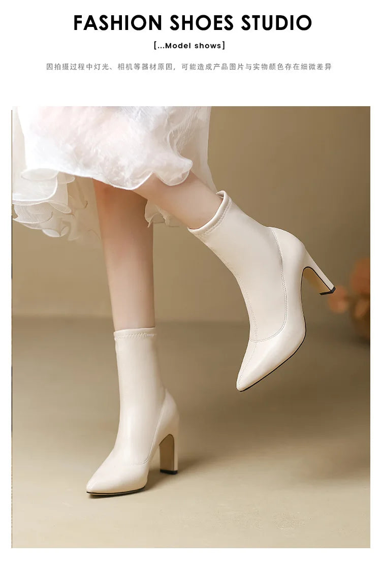 Pointed Leather High Heel Ankle Boots