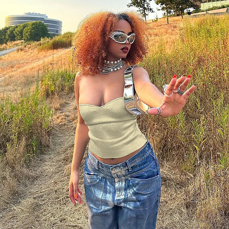 Cryptographic Fashion Vintage Strapless Gold Crop Tops Party Club Outfits for Women Tube Vest Sexy Backless Bustier Tops Y2K