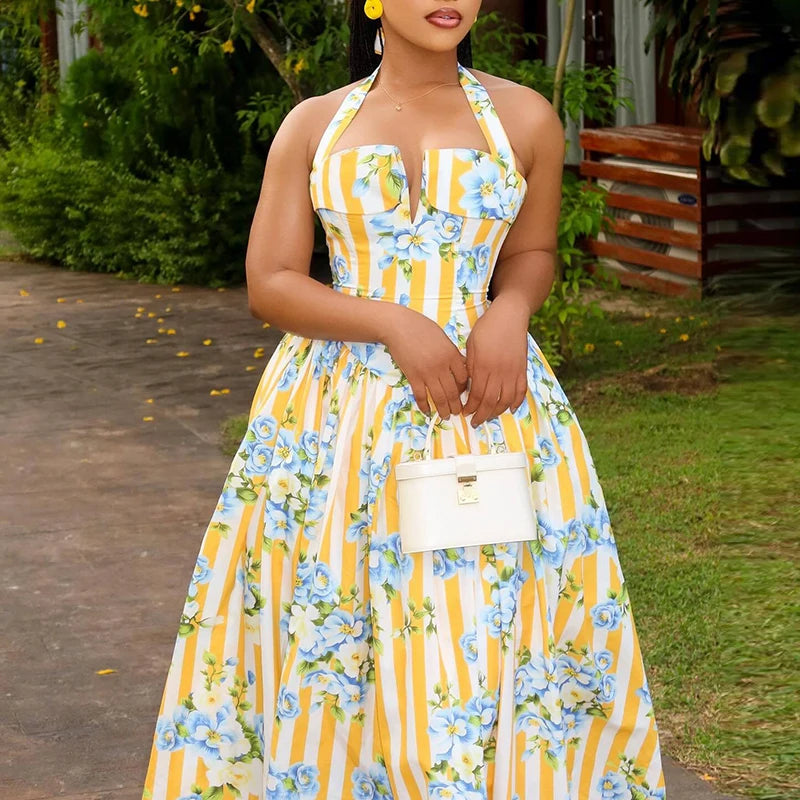 Women Elegant Backless Waist Vacation Dresses Sweet Style Floral Print Formal Party Dress Sexy Halter Sleeveless Bohe Long Dress